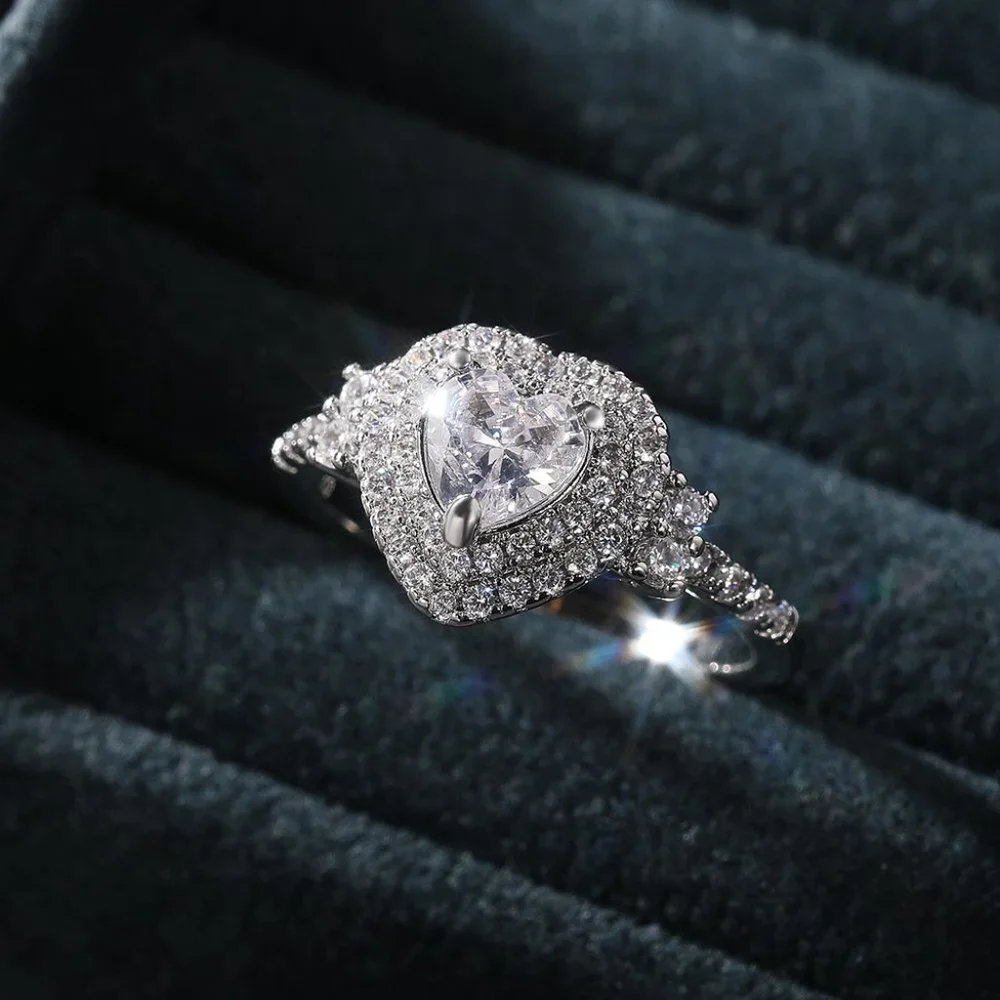 😍Diamond Heart CZ Shiny 14k White Gold Luxury Macro Pave Ring for Women, K852